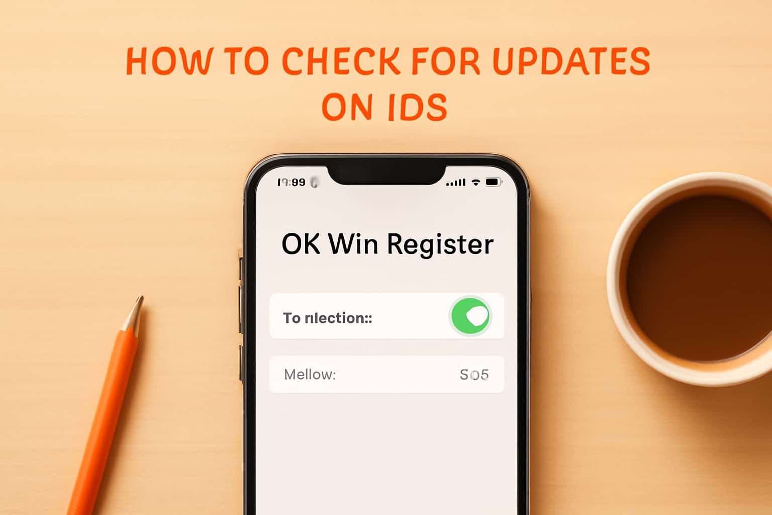 An informational graphic illustrating the process of checking for updates on the OK Win Register app for iOS.