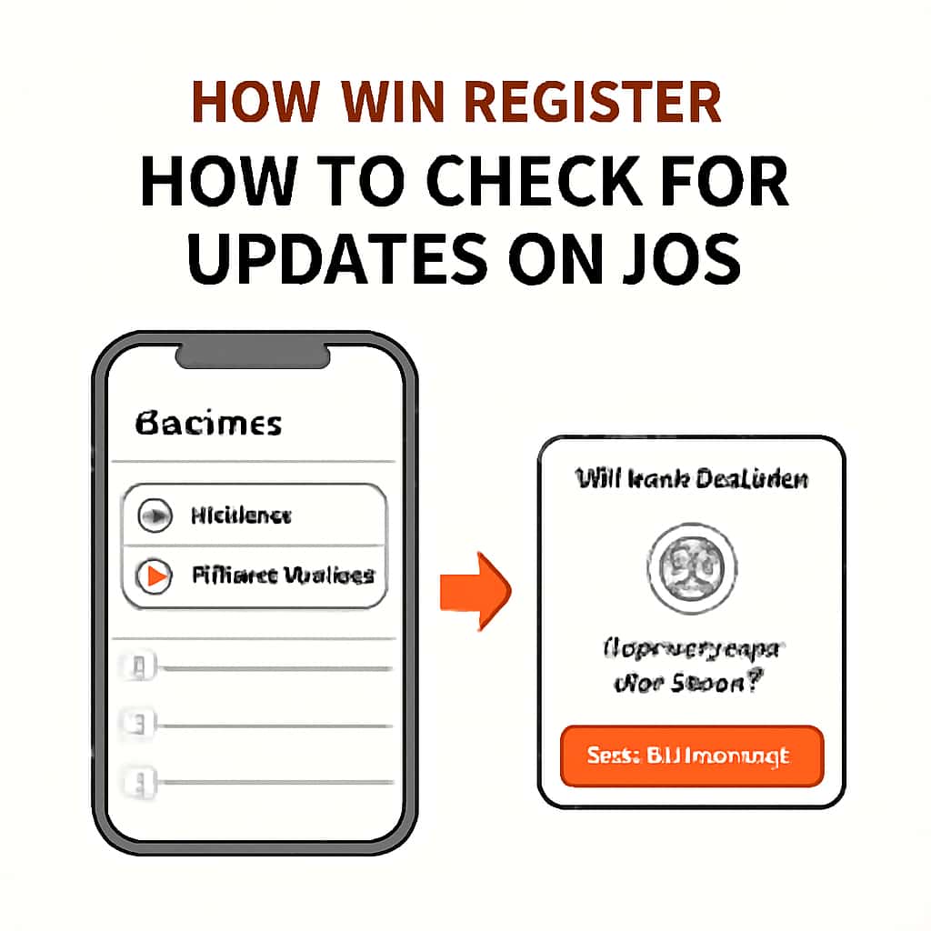 A diagram showing the steps to check for updates in the OK Win Register app on iOS.