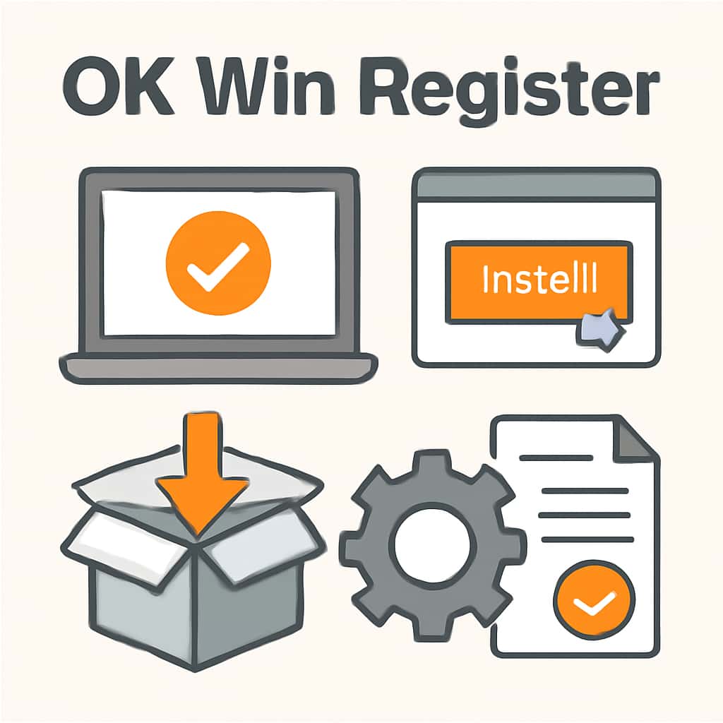An illustrative guide outlining installation steps for OK Win Register.