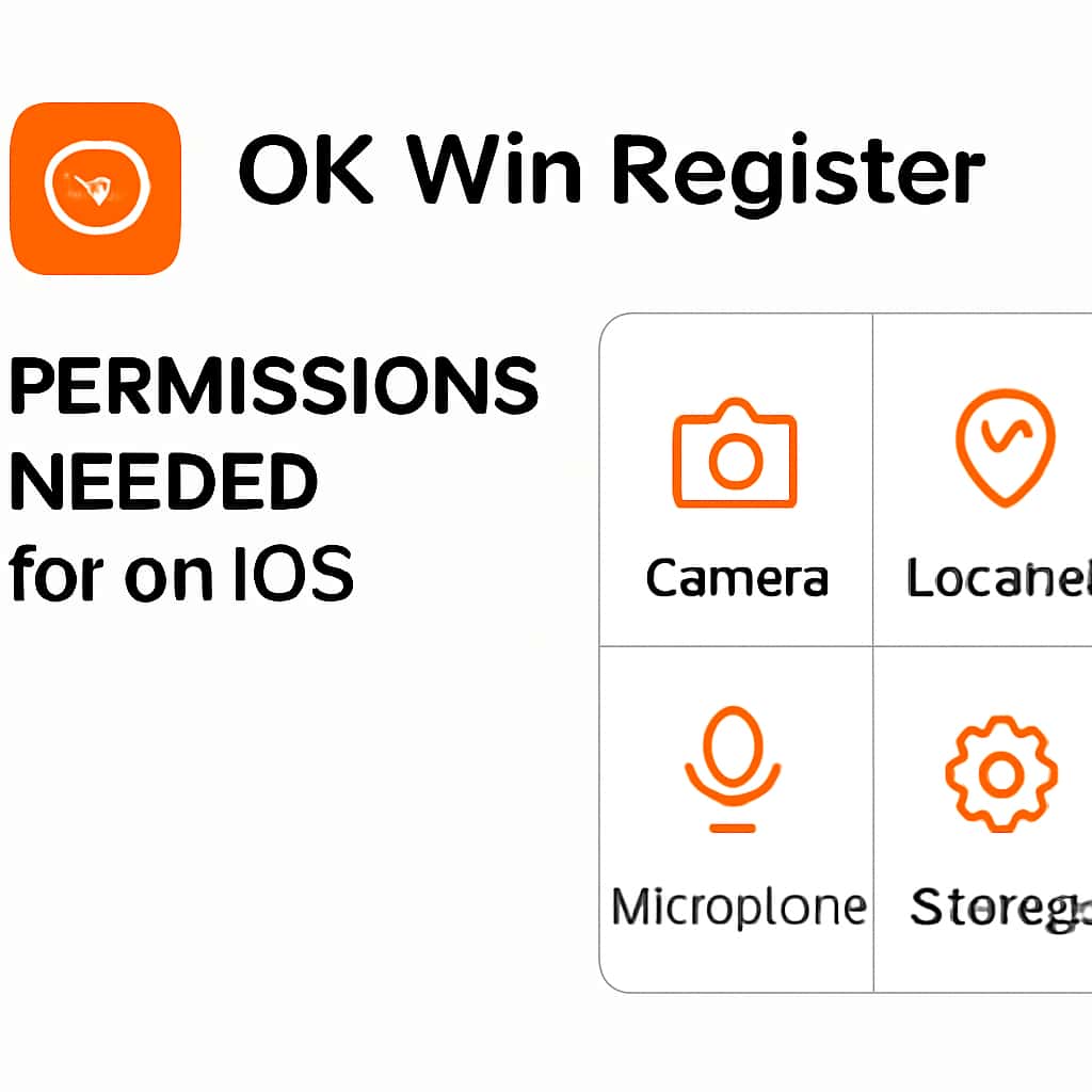 An educational diagram detailing the permissions for OK Win Register on iOS.